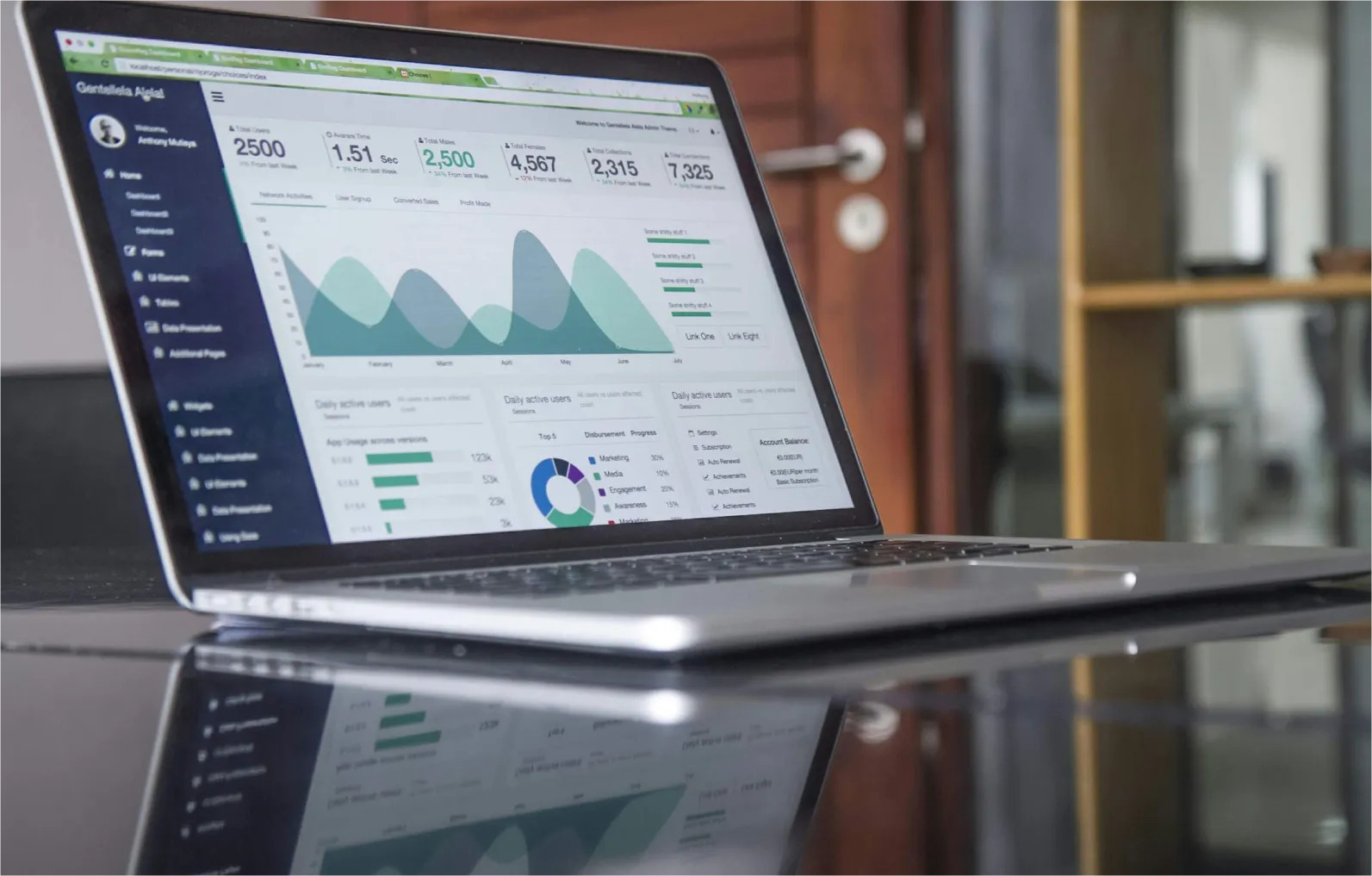 Laptop displaying a digital dashboard with charts and user statistics on a reflective table surface.
